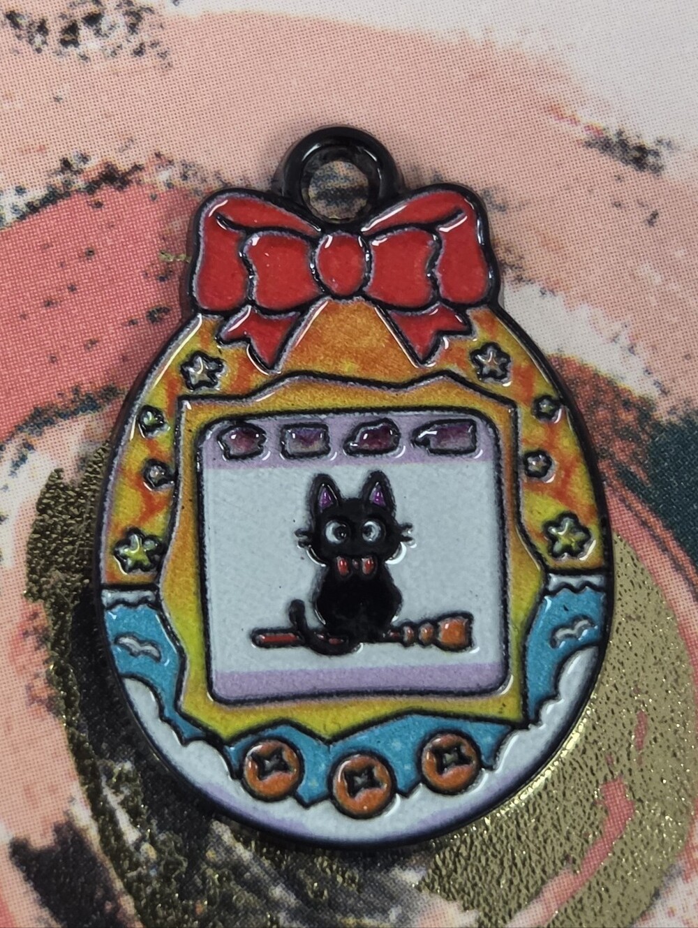 Enamel Black Cat Charm Pendant with Red Bow — Multicolor